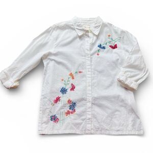 Bobbie Brooks Roll-Tab Sleeve Embroidered Flower Button Down Shirt Sz L White